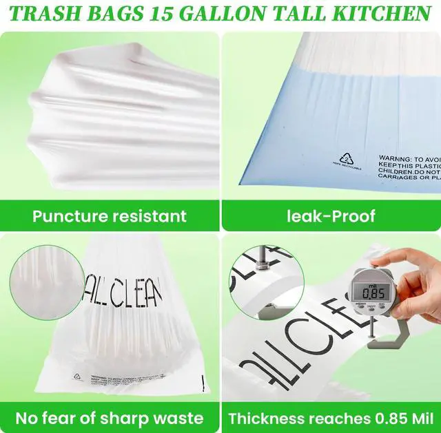 Alt view image 2 of 7 - Trash Bags 15 Gallon Tall Kitchen Drawstring Garbage Bags,Fit 13-15 Gal Bins,Extra Strong&Leak-Proof,Unscented&Recyclable Trash Can Liners for Home Office Industrial Bathroom Garden Lawn