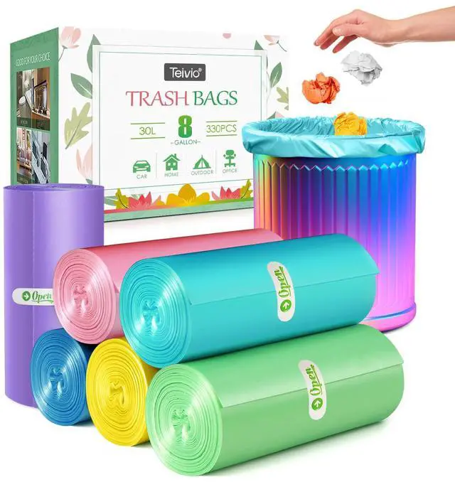 Main image of 8 Gallon 330 Counts Clear Colorful Trash Bags Kitchen Garbage Bags, fit 25-30Liter Bathroom Trash Can Bin Liners, Plastic Bags for home office kitchenMulticolor