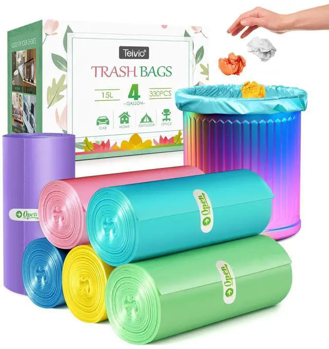 Main image of 4 Gallon 330 Counts Colorful Small Trash Bags 3.8 Gal 4 Gal 4+ Gal fit 15 liter Garbage Bags , Waste Basket, Bathroom Trash Can Bin Liners, Plastic Bags for home office kitchen, Multicolor