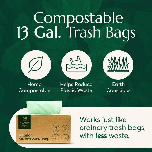 Alt view image 2 of 7 - Compostable* Trash Bags with Drawstring (13 Gallon, 25 Units, Tall), BPI Certified For Kitchen Compost