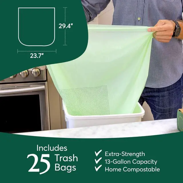 Alt view image 5 of 7 - Compostable* Trash Bags with Drawstring (13 Gallon, 25 Units, Tall), BPI Certified For Kitchen Compost