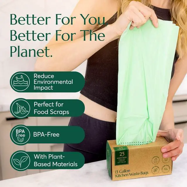 Alt view image 3 of 7 - Compostable* Trash Bags with Drawstring (13 Gallon, 25 Units, Tall), BPI Certified For Kitchen Compost