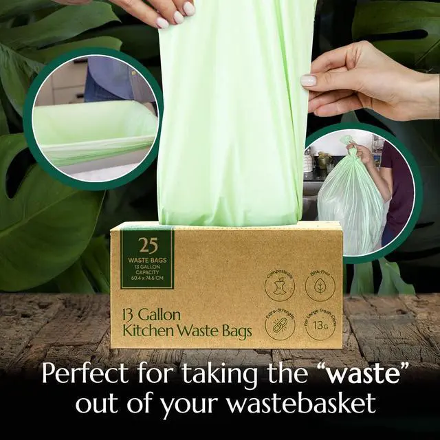Alt view image 7 of 7 - Compostable* Trash Bags with Drawstring (13 Gallon, 25 Units, Tall), BPI Certified For Kitchen Compost