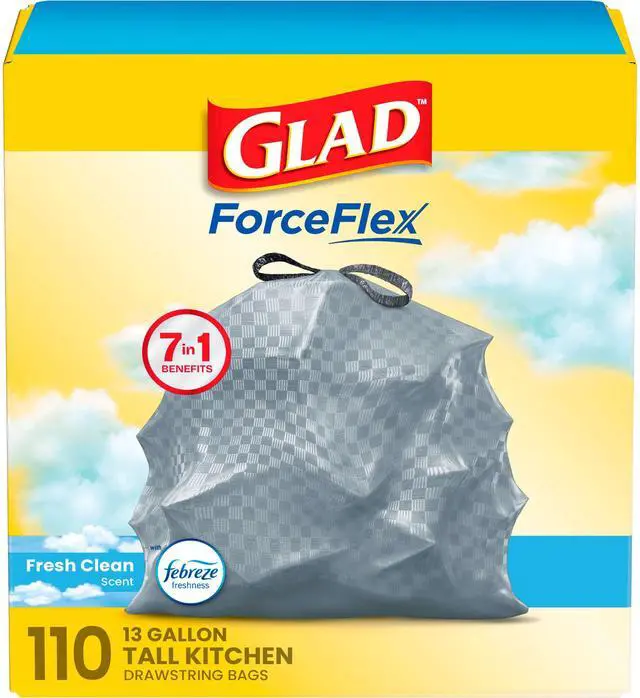 Main image of Tall Kitchen Drawstring Trash Bags - Odorshield 13 Gallon White Trash Bag, Febreze Fresh Clean, 110 Count