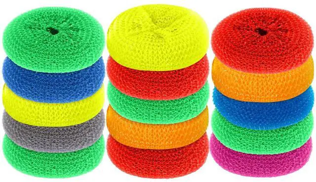 Main image of 15 Pieces Plastic Dish Scrubbers for Dishes Pot Round Nylon Pad, Mesh Scouring Non Scratch Pads (Rainbow Colors)