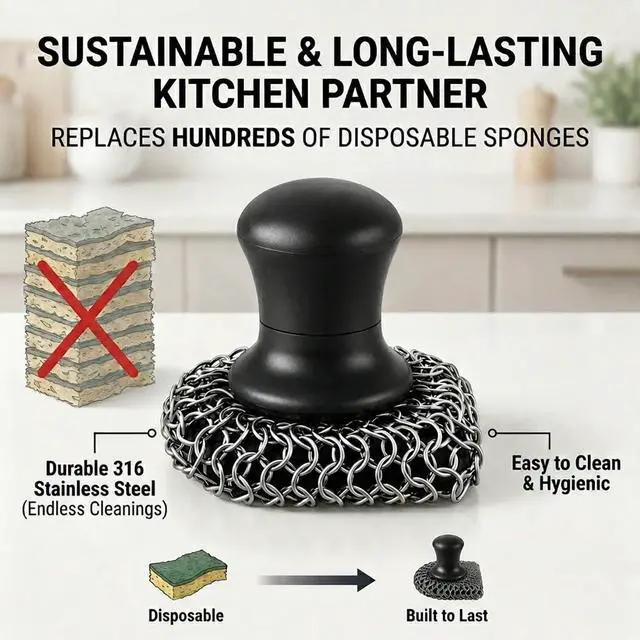 Alt view image 5 of 7 - Cast Iron Scrubber and Scraper | 316 Chainmail Scrubber for Cast Iron Pan