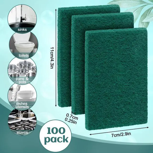 Alt view image 3 of 7 - 100 Pcs Heavy Duty Scouring Pads Non Scratch Household Scrub Pads for Cleaning Reusable Pan Scrubber Anti Grease Scrubbing Pads for Dish Kitchen Metal Grills, 4.3 x 3 x 0.3 in (Green)