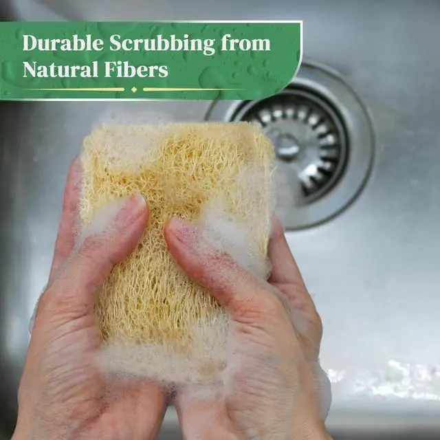 Alt view image 5 of 7 - Natural Loofah Kitchen Sponge (3 Pack) - Natural Sponges for Dishes - Eco Friendly and Compostable Sponges - Biodegradable Plant Based Kitchen Dish Sponge - Plastic Free Dish Scrubber