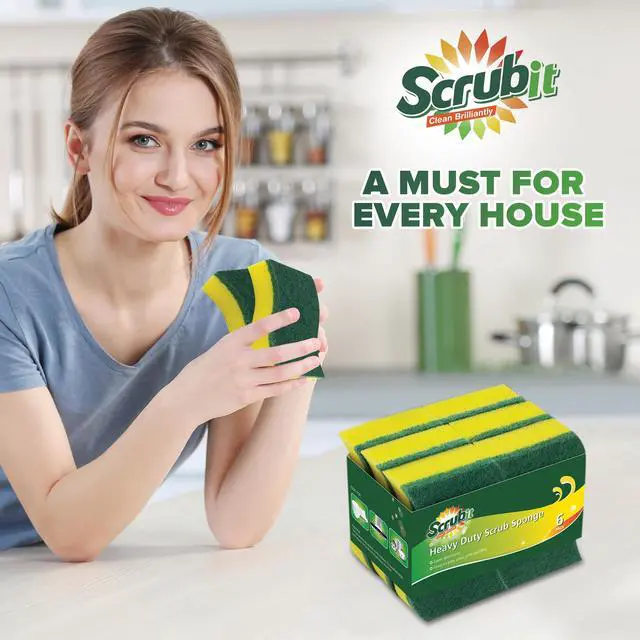 Alt view image 2 of 7 - (6 Pack) Heavy Duty Scrub Sponges Kitchen Dish, Sink and Bathroom Cleaning Scrubber Sponge - with Non-Smell Scouring Pad