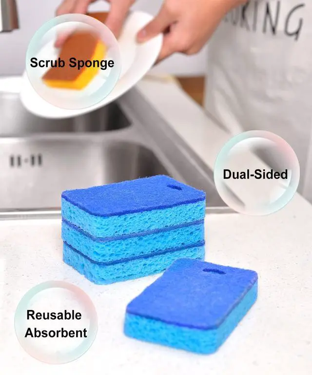 Alt view image 2 of 6 - 12-Count Scrub Sponges Kitchen Sponge Heavy Duty, Cellulose Sponges with Scouring Pads Dual-Sided for Kitchen and Household Use (Square-Blue)