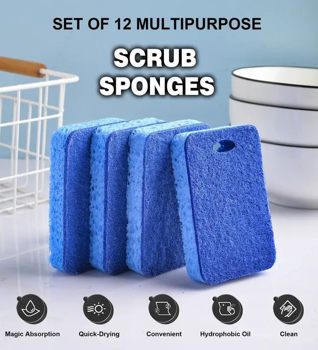 Alt view image 4 of 6 - 12-Count Scrub Sponges Kitchen Sponge Heavy Duty, Cellulose Sponges with Scouring Pads Dual-Sided for Kitchen and Household Use (Square-Blue)
