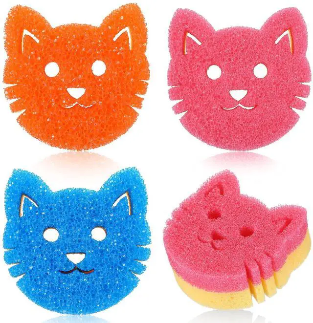 Main image of 3 Pcs Dual Sided Scrub Sponge Multi Functional Cute Temperature Sensitive Non Scratch Dish Sponge for Washing Dishes Kitchen Bathroom (Cat,Pink, Orange, Royal Blue)