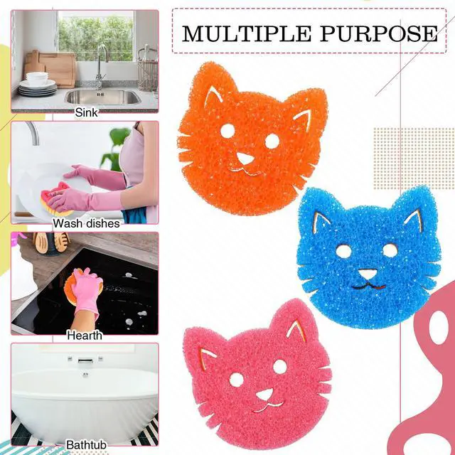 Alt view image 3 of 7 - 3 Pcs Dual Sided Scrub Sponge Multi Functional Cute Temperature Sensitive Non Scratch Dish Sponge for Washing Dishes Kitchen Bathroom (Cat,Pink, Orange, Royal Blue)