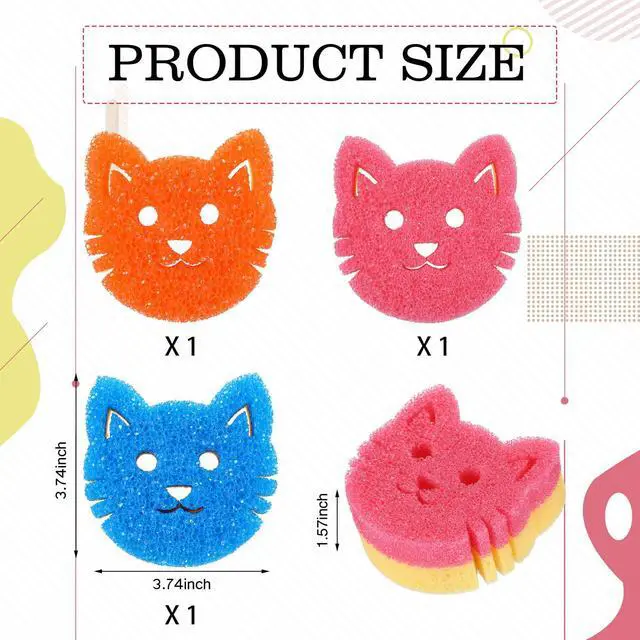 Alt view image 2 of 7 - 3 Pcs Dual Sided Scrub Sponge Multi Functional Cute Temperature Sensitive Non Scratch Dish Sponge for Washing Dishes Kitchen Bathroom (Cat,Pink, Orange, Royal Blue)