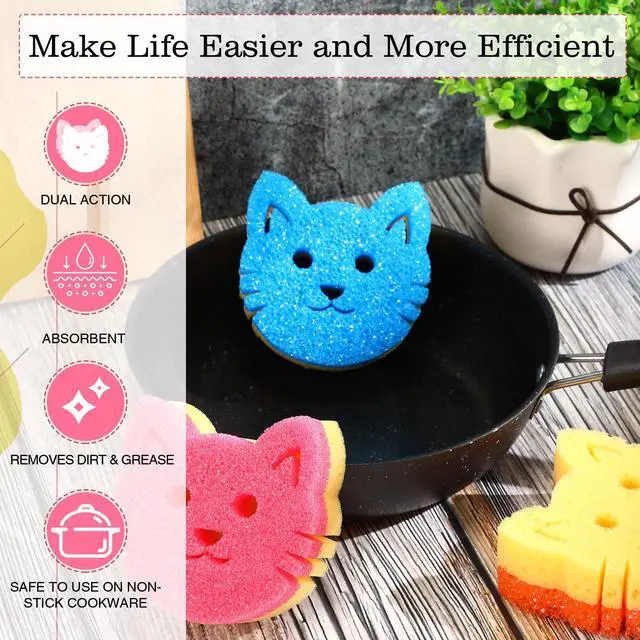 Alt view image 6 of 7 - 3 Pcs Dual Sided Scrub Sponge Multi Functional Cute Temperature Sensitive Non Scratch Dish Sponge for Washing Dishes Kitchen Bathroom (Cat,Pink, Orange, Royal Blue)