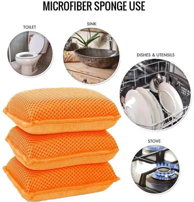 Alt view image 3 of 7 - Miracle Microfiber Kitchen Sponge Non-Scratch Heavy Duty Dishwashing Cleaning sponges- Machine Washable- (Orange)