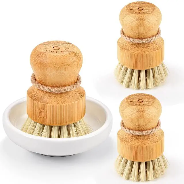 Main image of Bamboo Dish Scrub Brushes,Kitchen Wooden Cleaning Scrubbers Set for Washing Cast Iron Pan/Pot, Natural Sisal Bristles, Set of 3