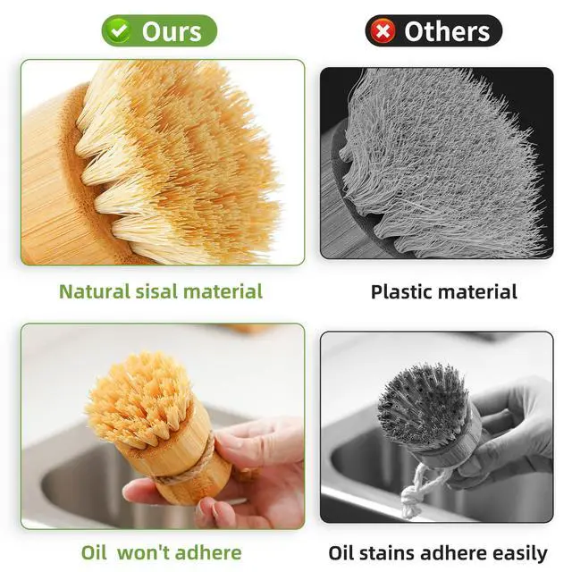 Alt view image 3 of 6 - Bamboo Dish Scrub Brushes,Kitchen Wooden Cleaning Scrubbers Set for Washing Cast Iron Pan/Pot, Natural Sisal Bristles, Set of 3