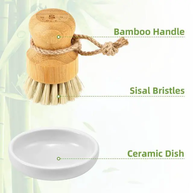 Alt view image 4 of 6 - Bamboo Dish Scrub Brushes,Kitchen Wooden Cleaning Scrubbers Set for Washing Cast Iron Pan/Pot, Natural Sisal Bristles, Set of 3