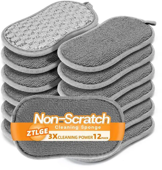 Main image of Multi-Purpose Scrub Kitchen Sponges 12 Pack Dish Sponge, Dual-Sided Non-Scratch Microfiber & Metal Scrubber, Reusable Sponges for Dishes, Pots, Glass, Sink, Stovetop & Bathroom (Gray)