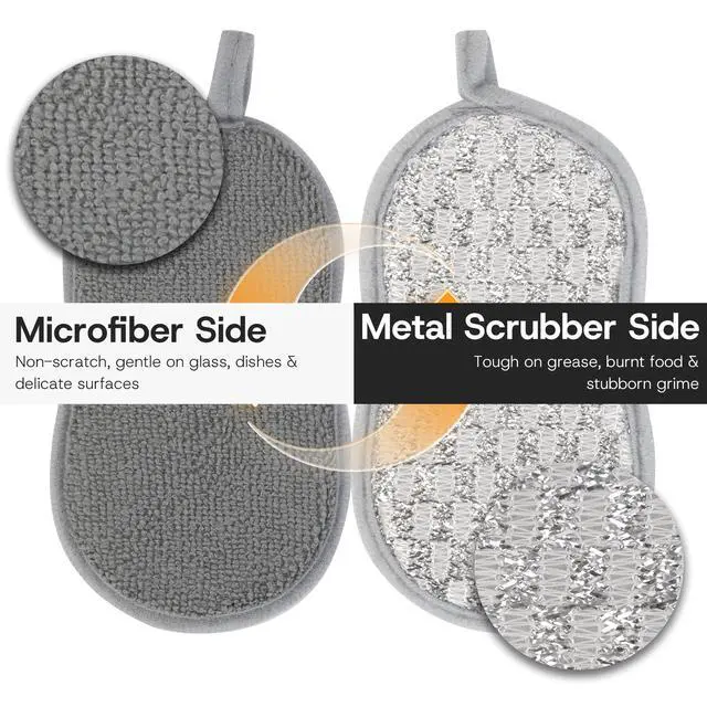Alt view image 3 of 7 - Multi-Purpose Scrub Kitchen Sponges 12 Pack Dish Sponge, Dual-Sided Non-Scratch Microfiber & Metal Scrubber, Reusable Sponges for Dishes, Pots, Glass, Sink, Stovetop & Bathroom (Gray)