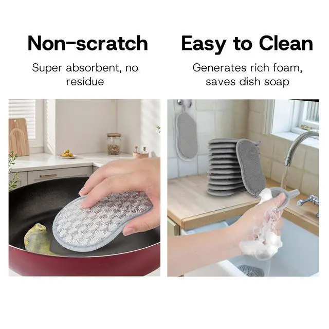 Alt view image 5 of 7 - Multi-Purpose Scrub Kitchen Sponges 12 Pack Dish Sponge, Dual-Sided Non-Scratch Microfiber & Metal Scrubber, Reusable Sponges for Dishes, Pots, Glass, Sink, Stovetop & Bathroom (Gray)