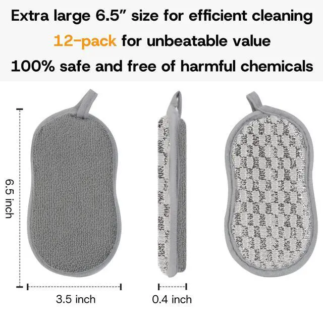 Alt view image 7 of 7 - Multi-Purpose Scrub Kitchen Sponges 12 Pack Dish Sponge, Dual-Sided Non-Scratch Microfiber & Metal Scrubber, Reusable Sponges for Dishes, Pots, Glass, Sink, Stovetop & Bathroom (Gray)