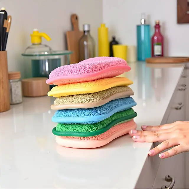 Alt view image 4 of 6 - Multipurpose Kitchen Scrub Sponges, Heavy Duty Cleaning Non-Scratch Scrub Sponge, Reusable Microfiber Sponge for Household Cleaning, Six Color Packaging (6pcs)