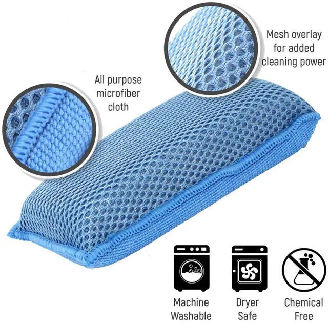 Alt view image 4 of 7 - Miracle Microfiber Kitchen Sponge (6 Pack) - Non-Scratch Heavy Duty Dishwashing Cleaning sponges- Machine Washable - (Blue)