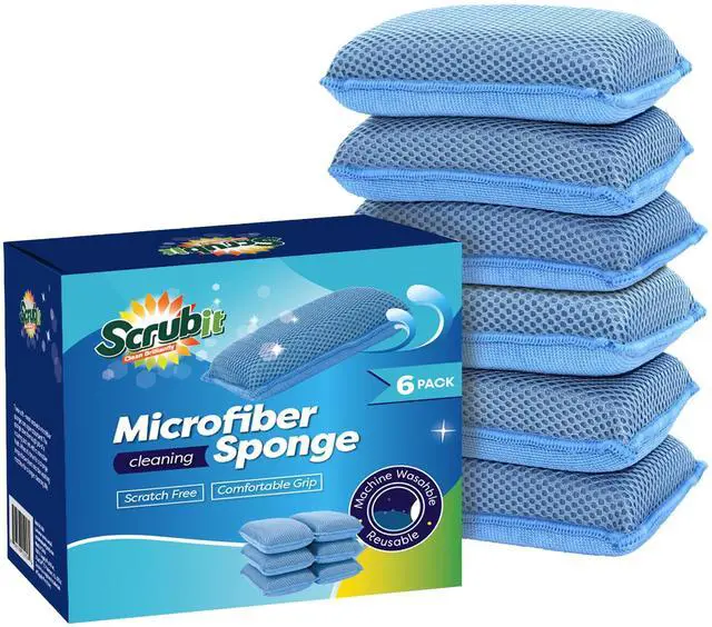Main image of Miracle Microfiber Kitchen Sponge (6 Pack) - Non-Scratch Heavy Duty Dishwashing Cleaning sponges- Machine Washable - (Blue)