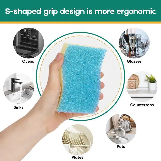 Alt view image 5 of 7 - Scrub Sponge, 4 Pack Dual-Sided Temperature-Responsive Scrubber - Non-Scratch - Multipurpose Dish Sponges for Kitchens, Bathrooms, and Outdoor Use - S Shape
