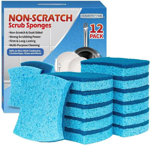 Main image of Non-Scratch Cellulose Scrub Sponges 12 Pack, Sponges Kitchen with Double-Side & Ergonomic Design for Dishes, Coated Cookware, Sink & Countertops.