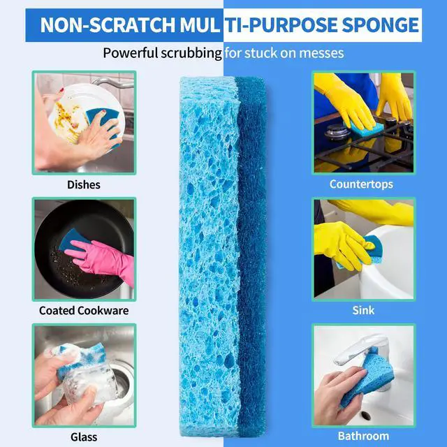 Alt view image 2 of 7 - Non-Scratch Cellulose Scrub Sponges 12 Pack, Sponges Kitchen with Double-Side & Ergonomic Design for Dishes, Coated Cookware, Sink & Countertops.