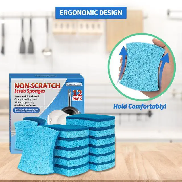 Alt view image 7 of 7 - Non-Scratch Cellulose Scrub Sponges 12 Pack, Sponges Kitchen with Double-Side & Ergonomic Design for Dishes, Coated Cookware, Sink & Countertops.