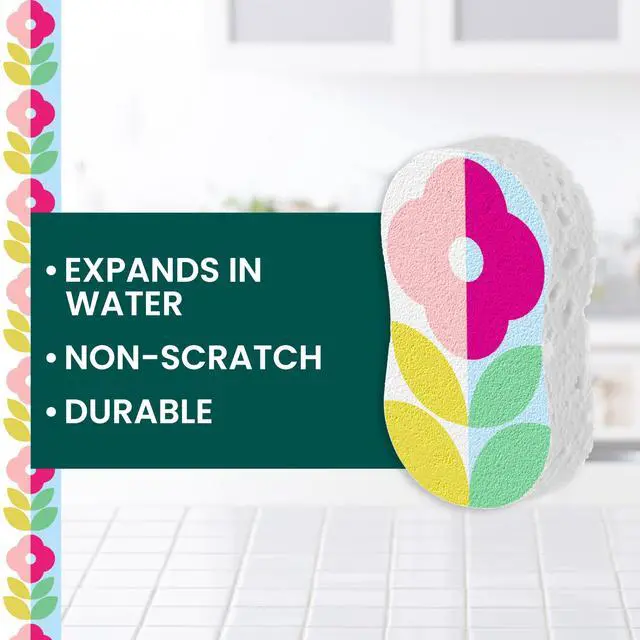 Alt view image 2 of 7 - Brite Blooms Pop Up Kitchen Sponges, Unique Compressed Kitchen Sponge for Cleaning Gently, Spring Flower Pattern Dish Sponge that Expands with Water, 3 Scrubbing Sponges