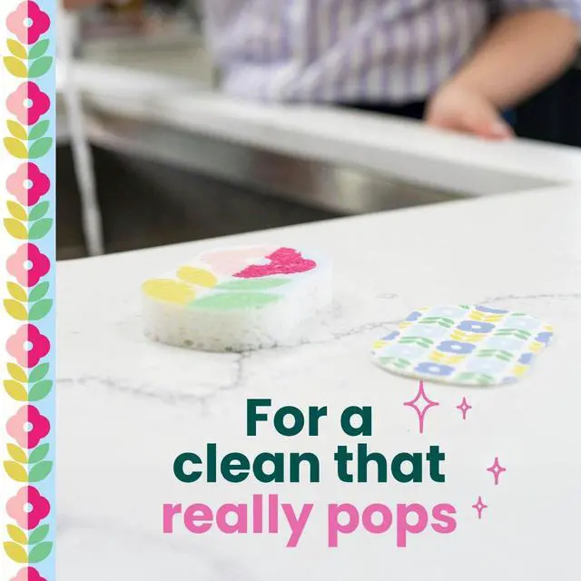 Alt view image 5 of 7 - Brite Blooms Pop Up Kitchen Sponges, Unique Compressed Kitchen Sponge for Cleaning Gently, Spring Flower Pattern Dish Sponge that Expands with Water, 3 Scrubbing Sponges