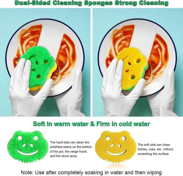 Alt view image 2 of 6 - 5 Pack Frog Dual-Sided Multi-Functional Scrub Sponge, Dual-Sided Temperature Controlled Kitchen Sponge for Dishes,Furniture,Scrub Sponges Household Cleaning Pads Bathroom Wall Cleaner