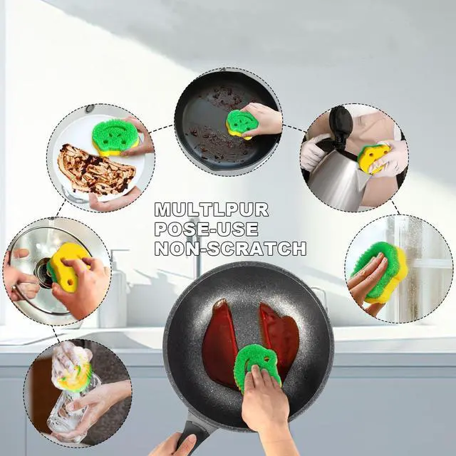 Alt view image 4 of 6 - 5 Pack Frog Dual-Sided Multi-Functional Scrub Sponge, Dual-Sided Temperature Controlled Kitchen Sponge for Dishes,Furniture,Scrub Sponges Household Cleaning Pads Bathroom Wall Cleaner