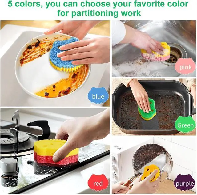 Alt view image 5 of 6 - 5 Pack Frog Dual-Sided Multi-Functional Scrub Sponge, Dual-Sided Temperature Controlled Kitchen Sponge for Dishes,Furniture,Scrub Sponges Household Cleaning Pads Bathroom Wall Cleaner