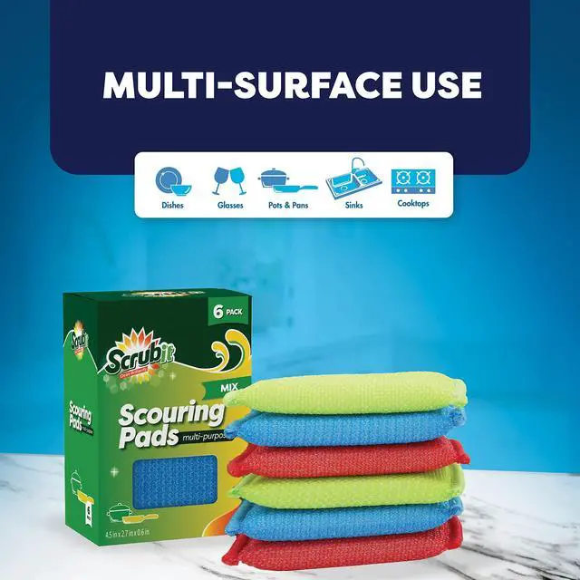 Alt view image 6 of 6 - Multi-Purpose Scouring Pad - Non-Scratch Cleaning Sponges for Pots, Pans, Dishes, Utensils & Non-Stick Cookware - Scrubbing Pads Use for Kitchen, Bathroom - 6 Pack Dish Sponge - (Colored)