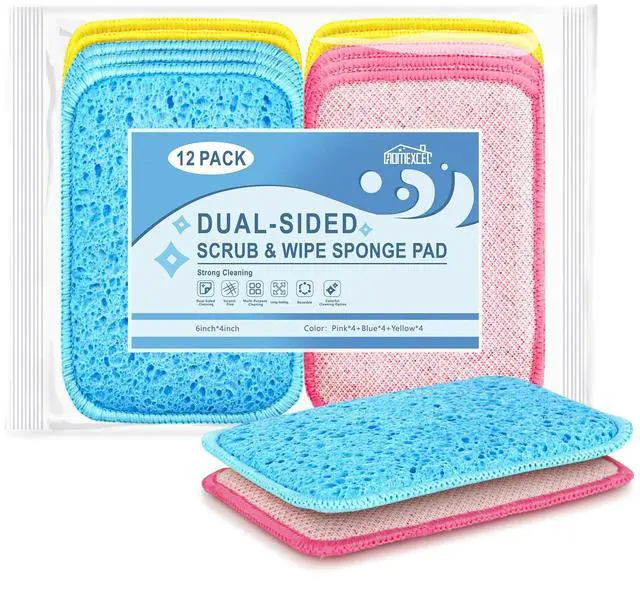 Main image of 12 Pack Scrub & Wipe Cloths, Dual-Sided Sponges for Kitchen, All-Purpose Cloth for Dishes, Pots, Pans, Non-Stick Cookware, Countertops (Red, Yellow, Blue)