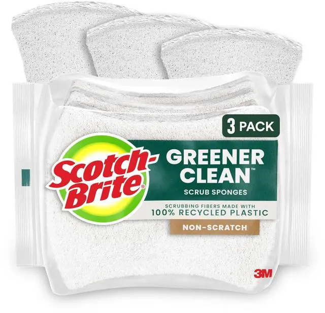 Main image of Greener Clean Non-Scratch Scrub Sponge, Sponge for Washing Dishes, Cleaning Kitchen, Superior Performance and Made with Sustainable Materials, Dishwasher Safe, 3 Scrub Sponges