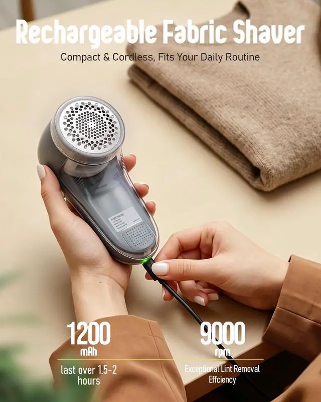 Alt view image 4 of 7 - Fabric Shaver, Lint Shaver for Clothing, Electric Lint Remover with 6-Leaf Blades, Sweater Defuzzer, Clothes Shaver for Couch, Furniture, Blanket, Remove Pilling, USB Rechargeable