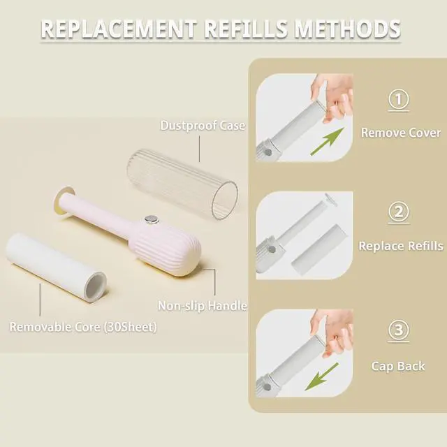 Alt view image 3 of 6 - Compact Lint Roller with 150 Sheets - Portable Pet Hair Remover for Clothes, Furniture, Home & Travel - 1 Roller + 4 Refills (Pink)