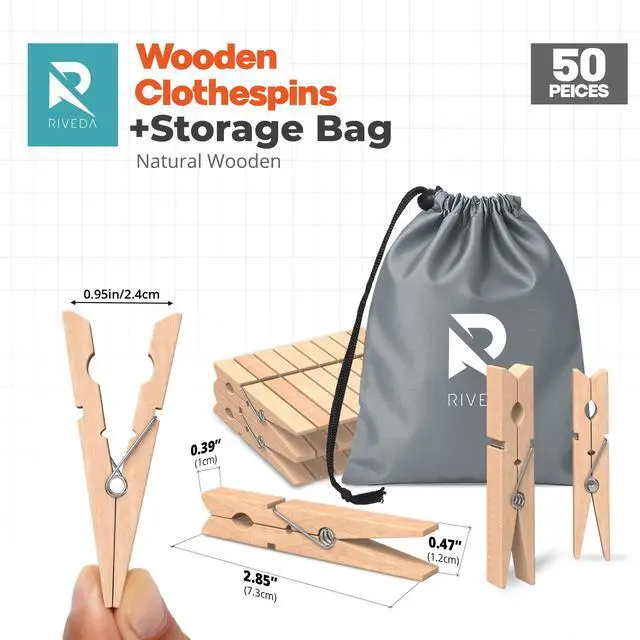 Alt view image 3 of 7 - 50pcs Wooden Clothes Pins with Storage Bag, 2.9 Inch Natural Wood Clothespins, Strong Grip Laundry Clips for Clothesline, Hanging Clothes, Crafts & Home Use