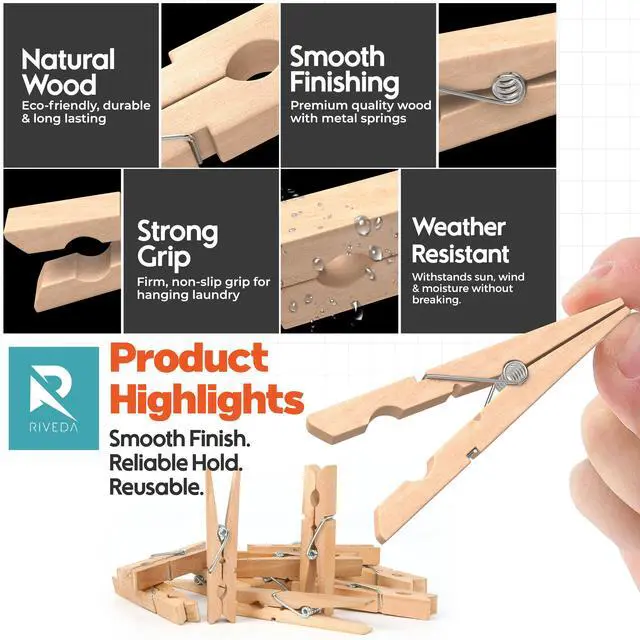 Alt view image 4 of 7 - 50pcs Wooden Clothes Pins with Storage Bag, 2.9 Inch Natural Wood Clothespins, Strong Grip Laundry Clips for Clothesline, Hanging Clothes, Crafts & Home Use