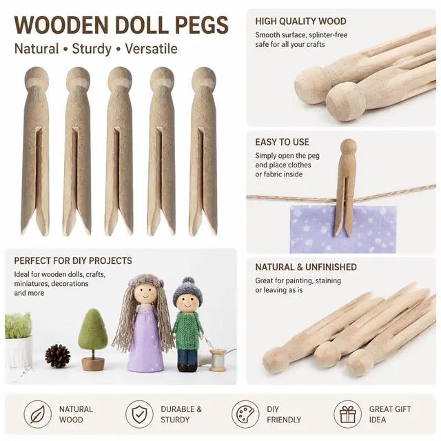 Alt view image 2 of 7 - Round Wooden Clothespins, 12pcs Dolly Style Traditional Heritage Clothes Peg Old Fashioned for Outdoor Clothesline Home Kitchen Travel (Wood)