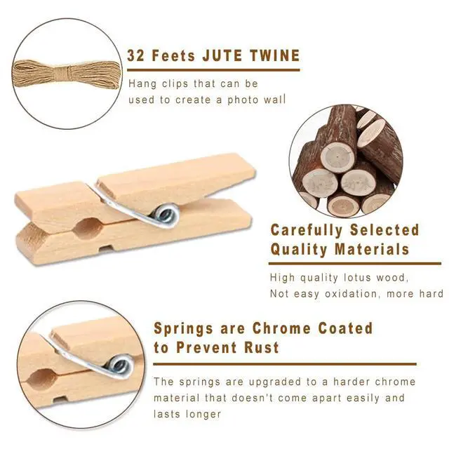 Alt view image 2 of 6 - 1.35 Inch Mini ClothesPins for Photo100 Pcs with 32 Feet Jute TwineMini Clothes Pins for Crafts,Wooden Small Clothes Pins for Pictures,Tiny Decorative Clothespins for Baby Shower(Natural Color)