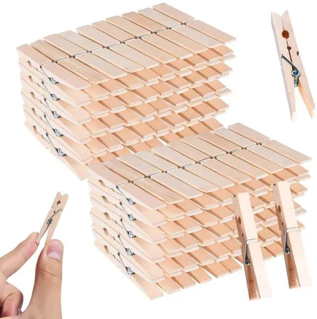 Main image of 100 Pcs 1.9 Inch Wooden Clothes Pins Heavy Duty Natural Wood Clips Clothespins with Rust Resistant Spring for Hanging Pictures Chip Bags DIY Crafts Photos Drying Laundry Classroom Decoration
