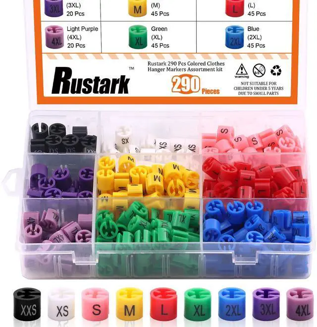 Main image of 290 Pcs Colored Clothes Hanger Markers Assortment kit- 9 Sizes (XXS - 4XL) Color-Coding Garment Size Markers Color Clothing Coded Size Clips Set with Storage Box